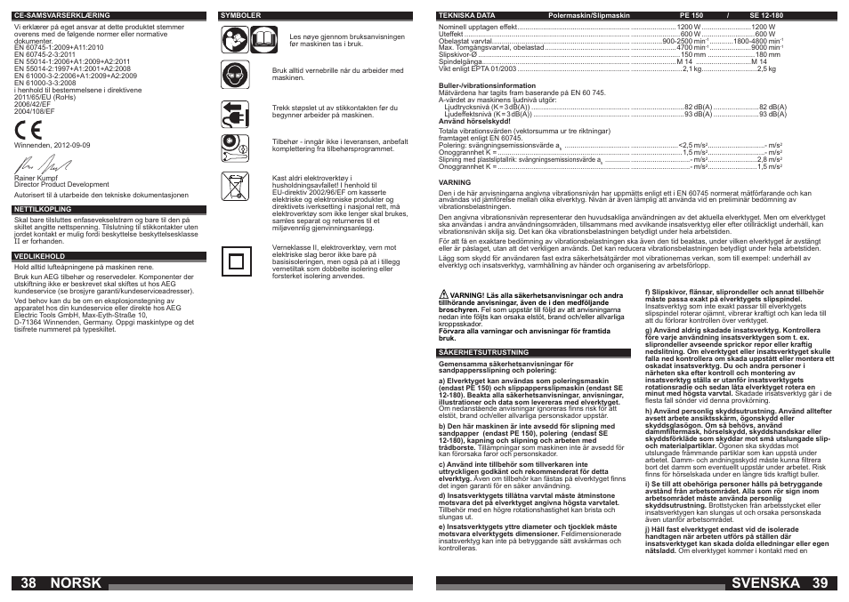 Svenska, Norsk | AEG SE 12-180 User Manual | Page 20 / 49