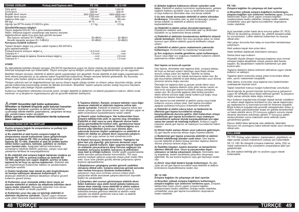 Türkçe | AEG SE 12-180 User Manual | Page 25 / 49