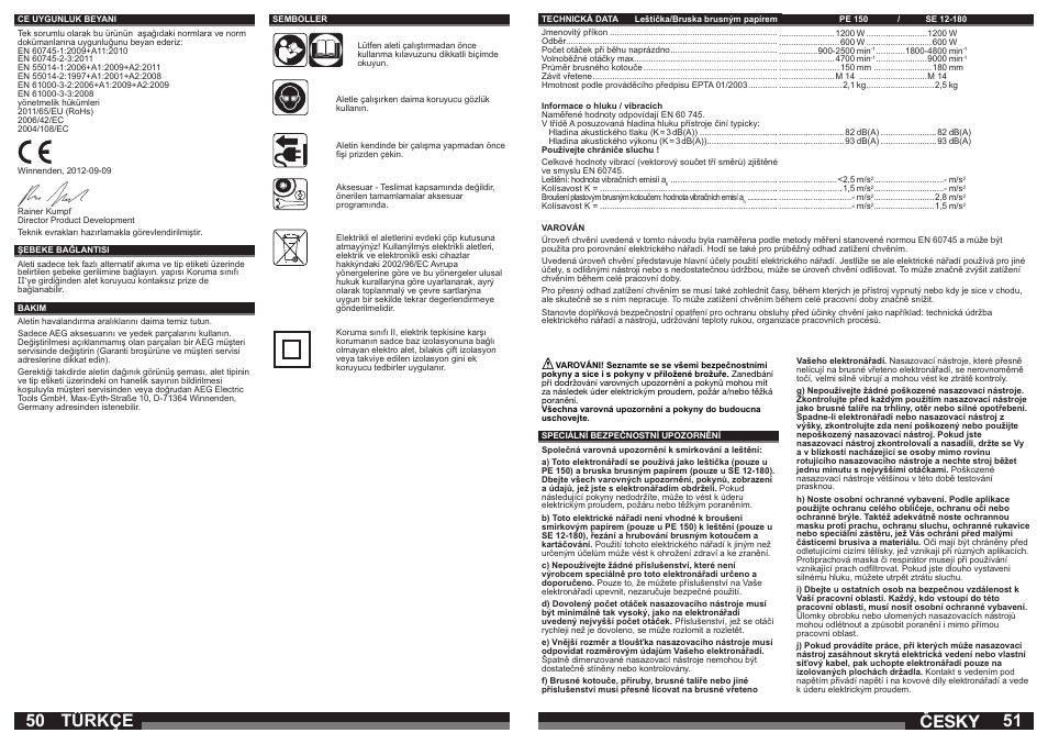 Česky, Türkçe | AEG SE 12-180 User Manual | Page 26 / 49