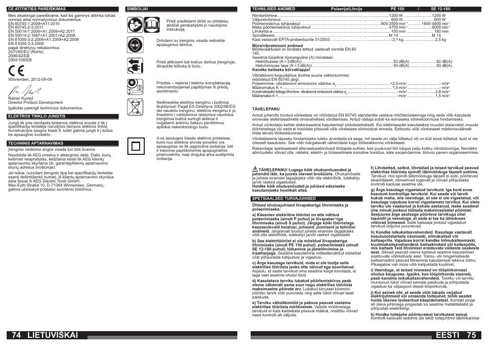 Eesti, Lietuviškai | AEG SE 12-180 User Manual | Page 38 / 49
