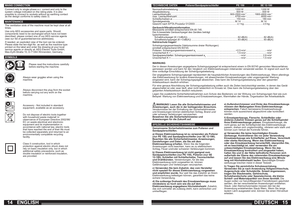 Deutsch, English | AEG SE 12-180 User Manual | Page 8 / 49