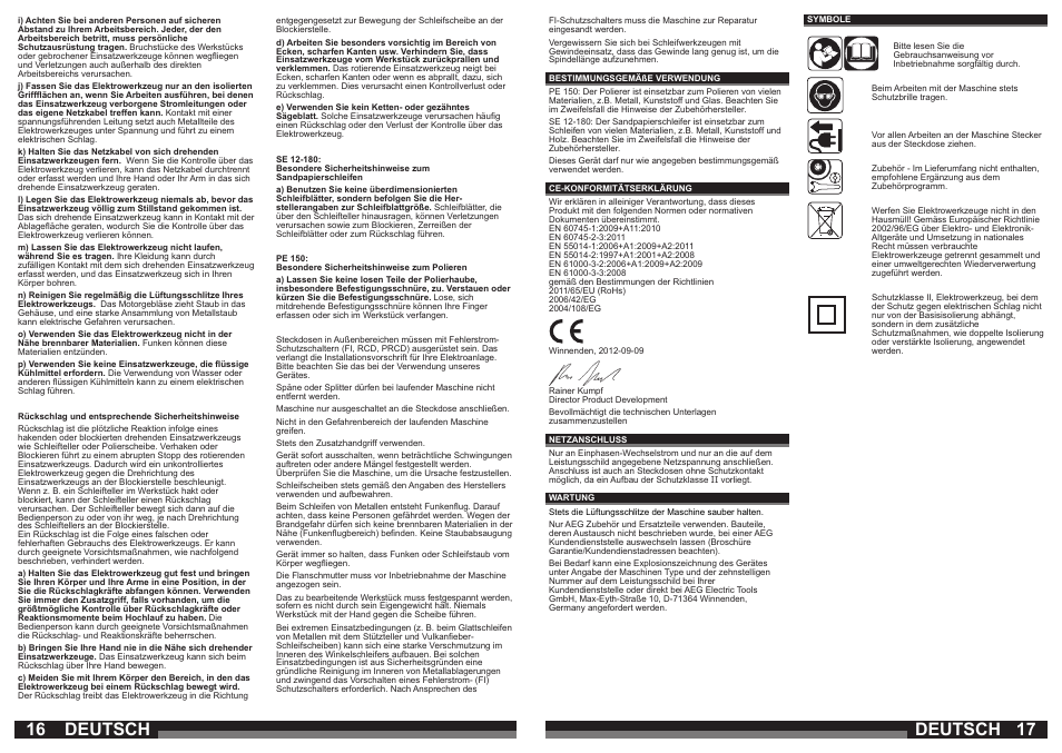 16 17 deutsch, Deutsch | AEG SE 12-180 User Manual | Page 9 / 49