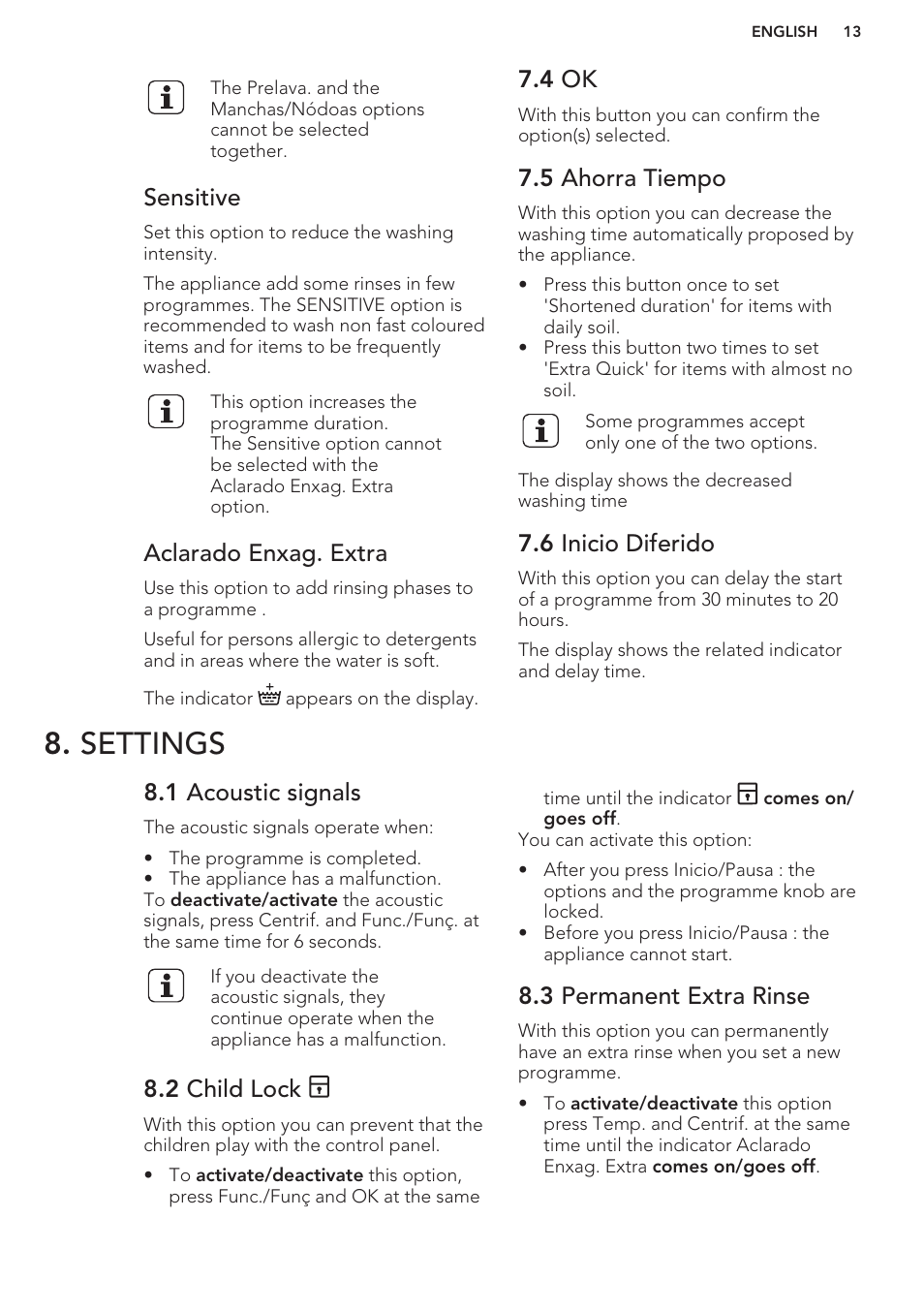 Sensitive, Aclarado enxag. extra, 4 ok | 5 ahorra tiempo, 6 inicio diferido, Settings, 1 acoustic signals, 2 child lock, 3 permanent extra rinse | AEG L61270BI User Manual | Page 13 / 68