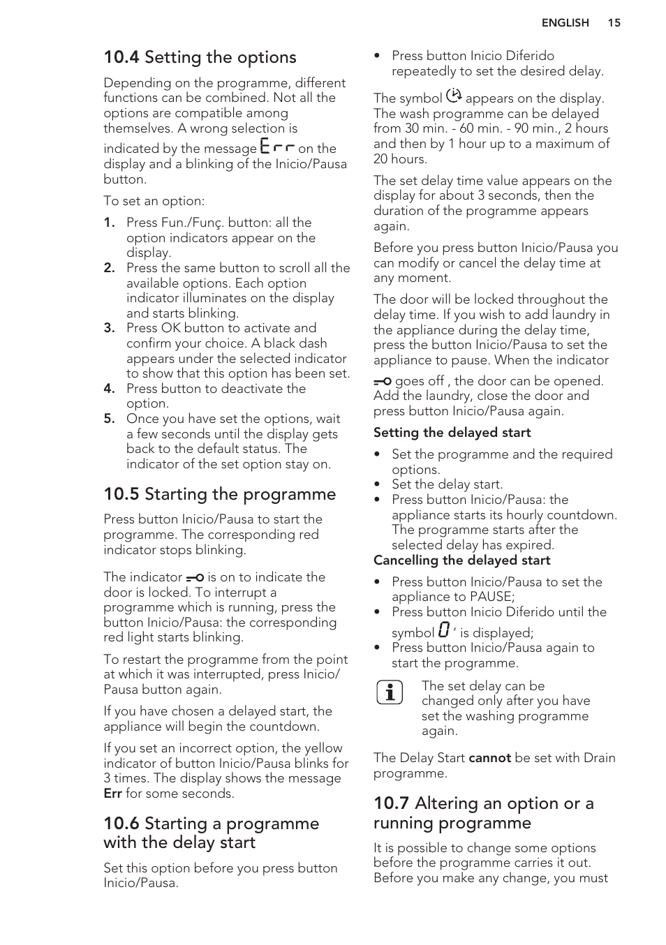 4 setting the options, 5 starting the programme, 6 starting a programme with the delay start | 7 altering an option or a running programme | AEG L61270BI User Manual | Page 15 / 68