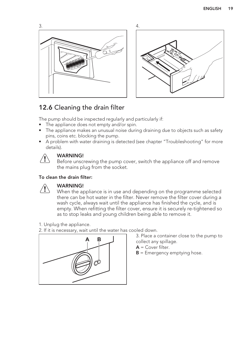 6 cleaning the drain filter | AEG L61270BI User Manual | Page 19 / 68