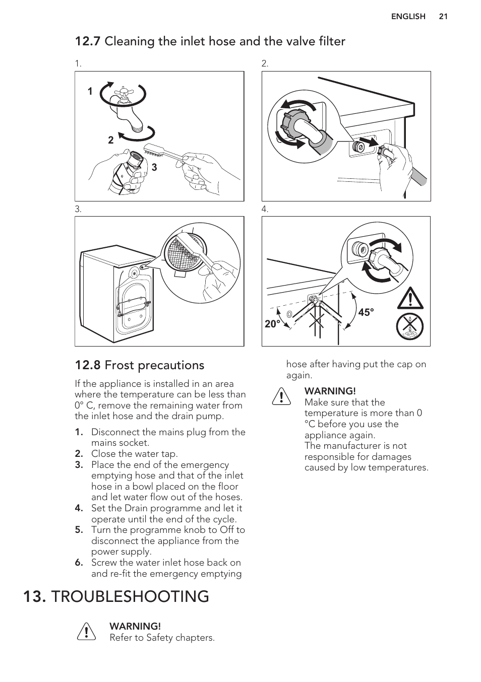 7 cleaning the inlet hose and the valve filter, 8 frost precautions, Troubleshooting | AEG L61270BI User Manual | Page 21 / 68