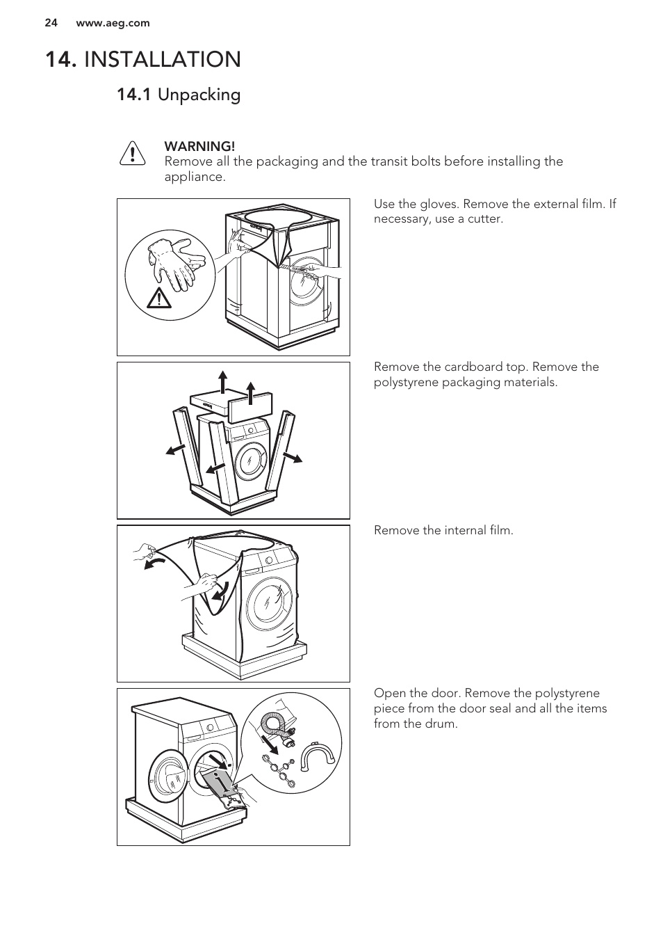 Installation, 1 unpacking | AEG L61270BI User Manual | Page 24 / 68