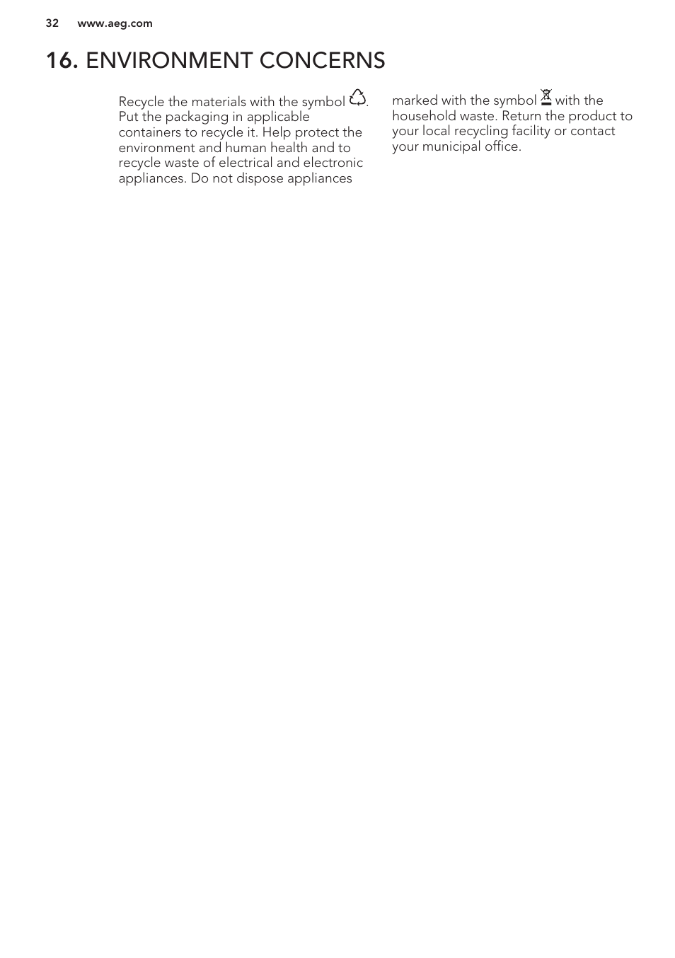 Environment concerns | AEG L61270BI User Manual | Page 32 / 68