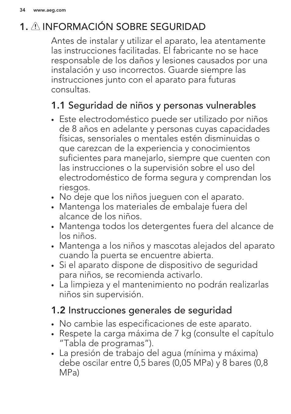 Información sobre seguridad, 1 seguridad de niños y personas vulnerables, 2 instrucciones generales de seguridad | AEG L61270BI User Manual | Page 34 / 68