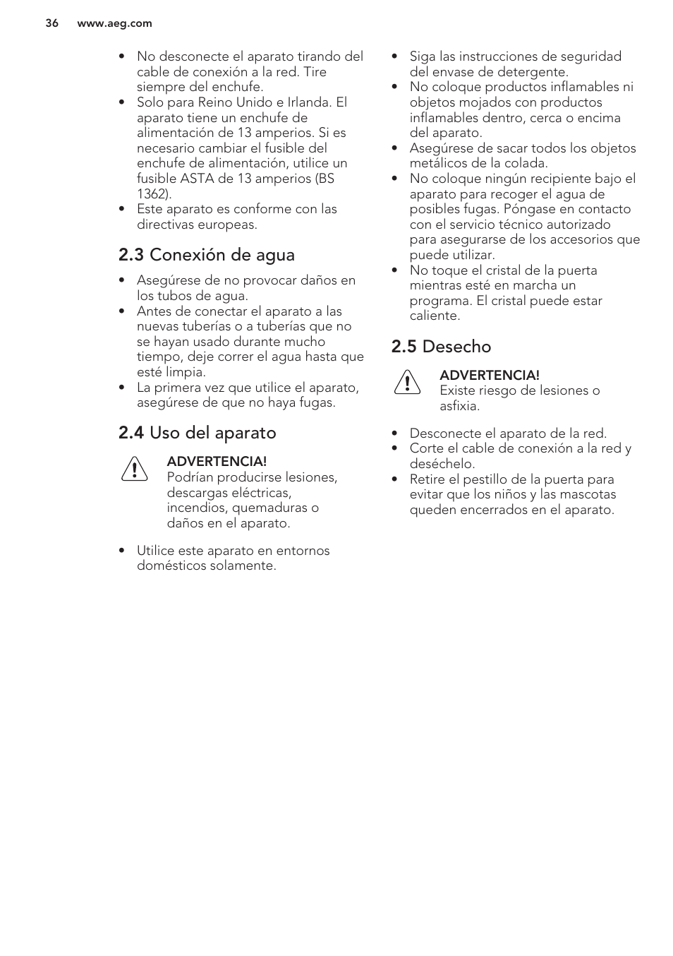 3 conexión de agua, 4 uso del aparato, 5 desecho | AEG L61270BI User Manual | Page 36 / 68