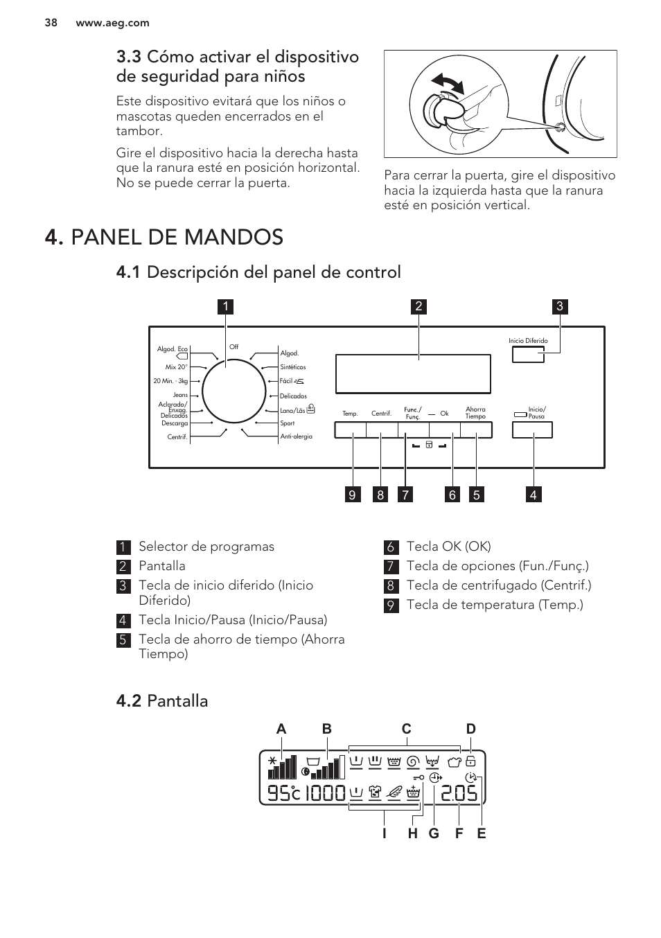 Panel de mandos, 1 descripción del panel de control, 2 pantalla | AEG L61270BI User Manual | Page 38 / 68