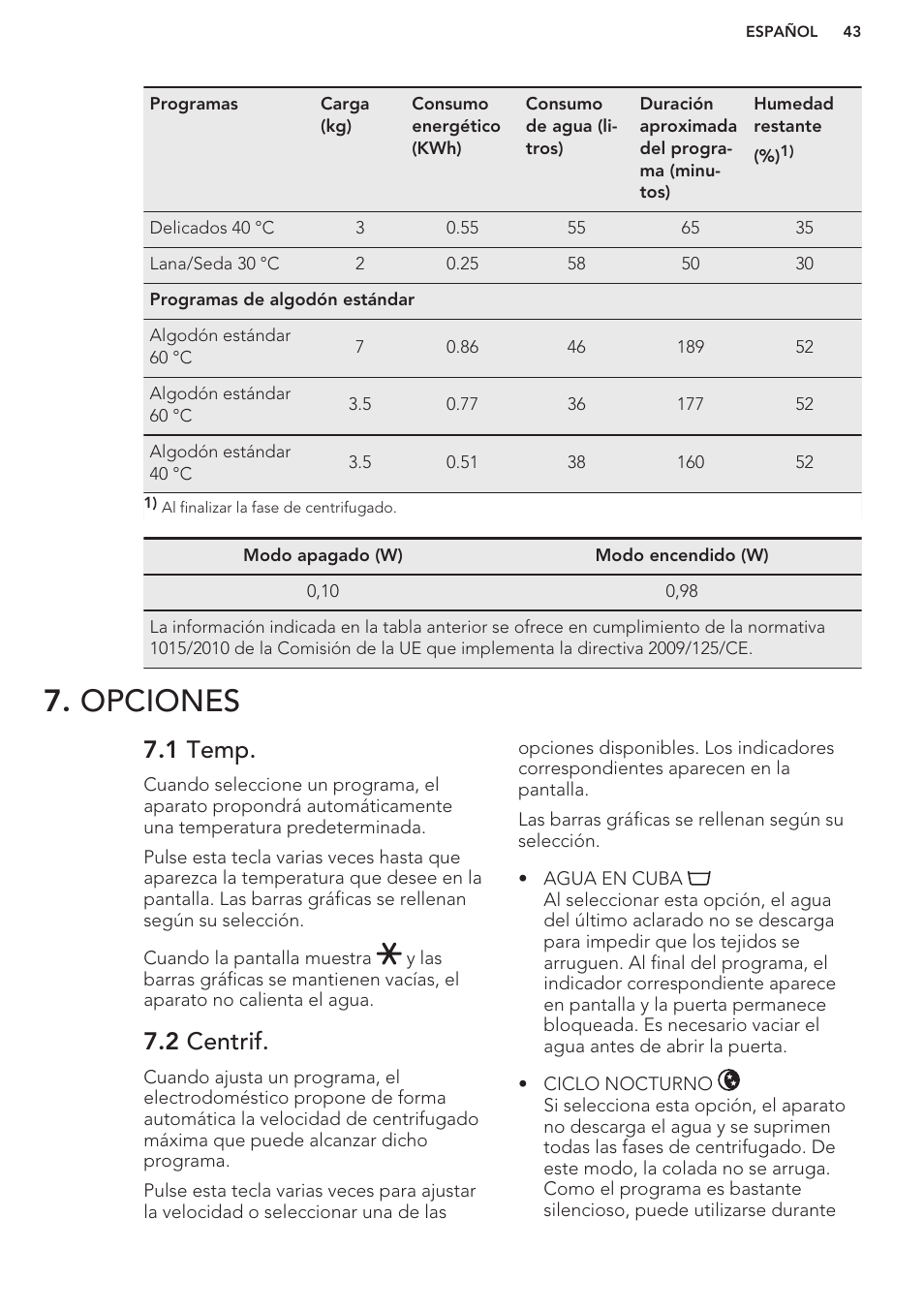 Opciones, 1 temp, 2 centrif | AEG L61270BI User Manual | Page 43 / 68