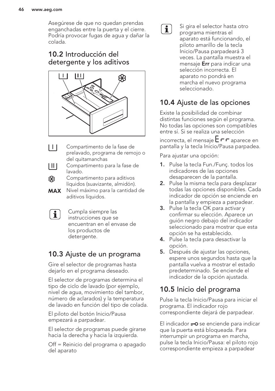 2 introducción del detergente y los aditivos, 3 ajuste de un programa, 4 ajuste de las opciones | 5 inicio del programa | AEG L61270BI User Manual | Page 46 / 68