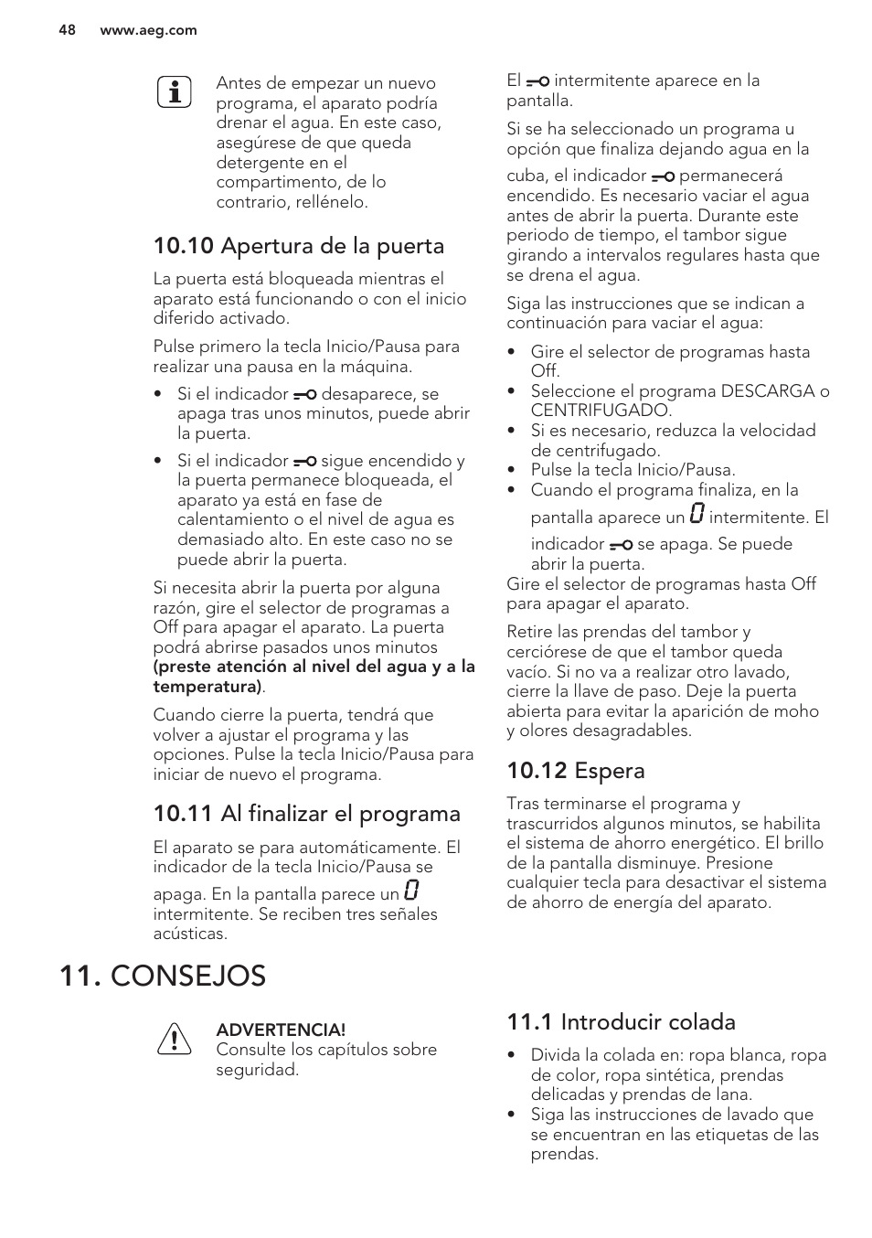 10 apertura de la puerta, 11 al finalizar el programa, 12 espera | Consejos, 1 introducir colada | AEG L61270BI User Manual | Page 48 / 68