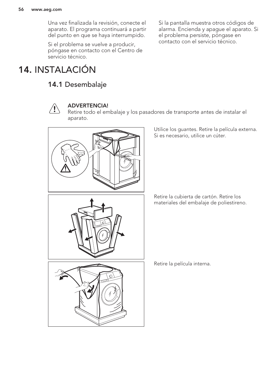 Instalación, 1 desembalaje | AEG L61270BI User Manual | Page 56 / 68