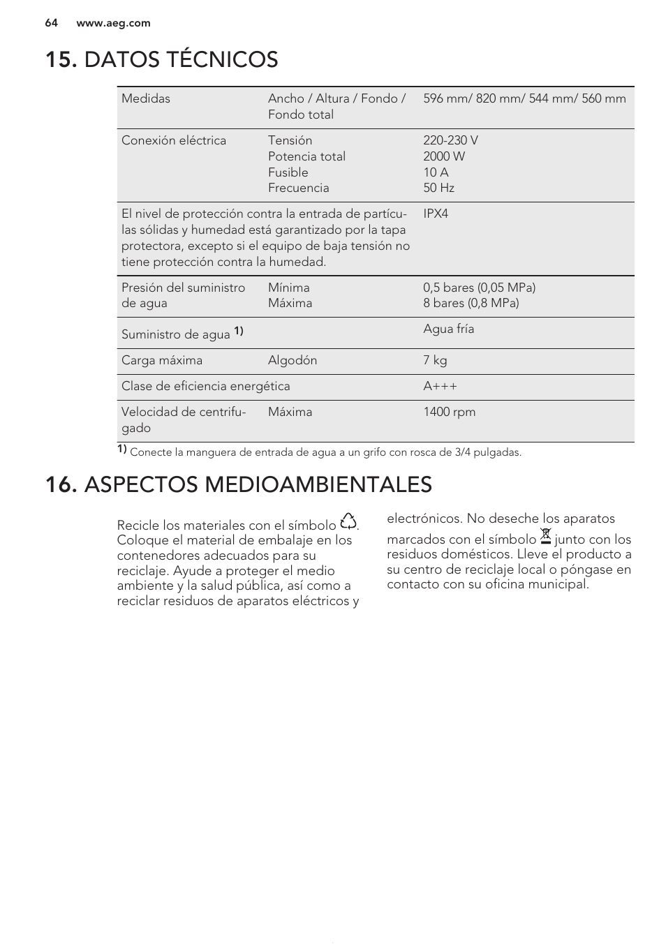 Datos técnicos, Aspectos medioambientales | AEG L61270BI User Manual | Page 64 / 68