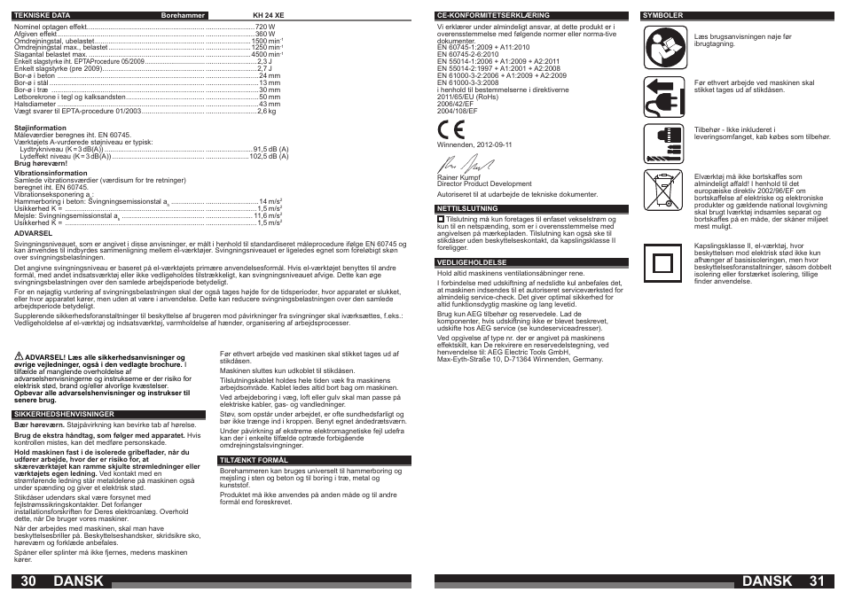Dansk | AEG KH 24 XE User Manual | Page 16 / 37