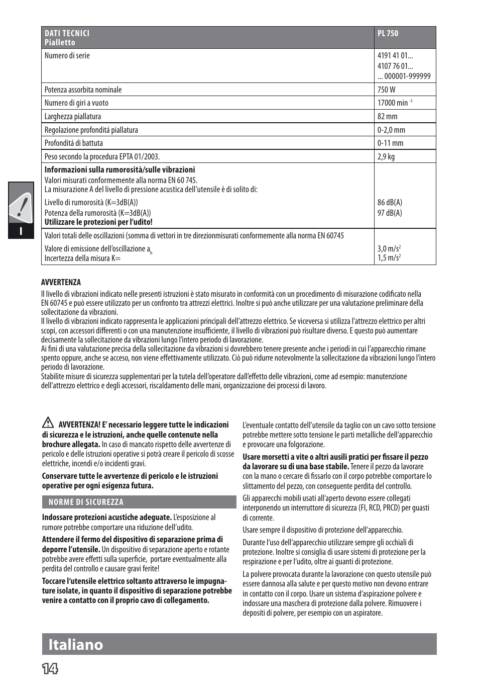 Italiano | AEG PL 750 User Manual | Page 17 / 67