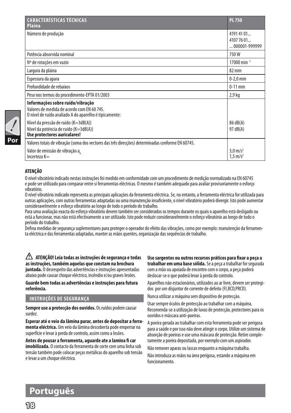 Português | AEG PL 750 User Manual | Page 21 / 67