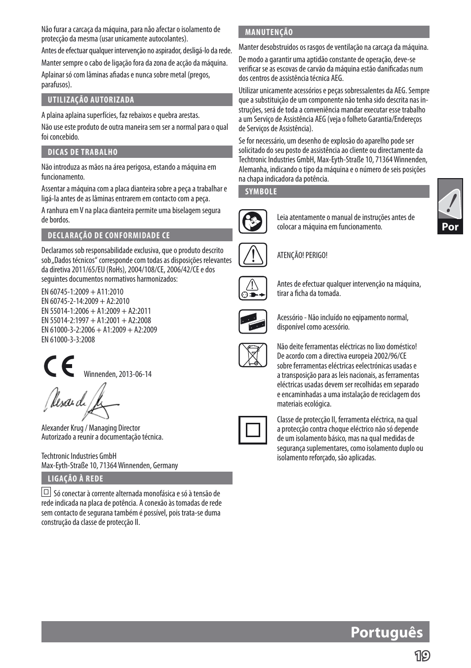 Português | AEG PL 750 User Manual | Page 22 / 67