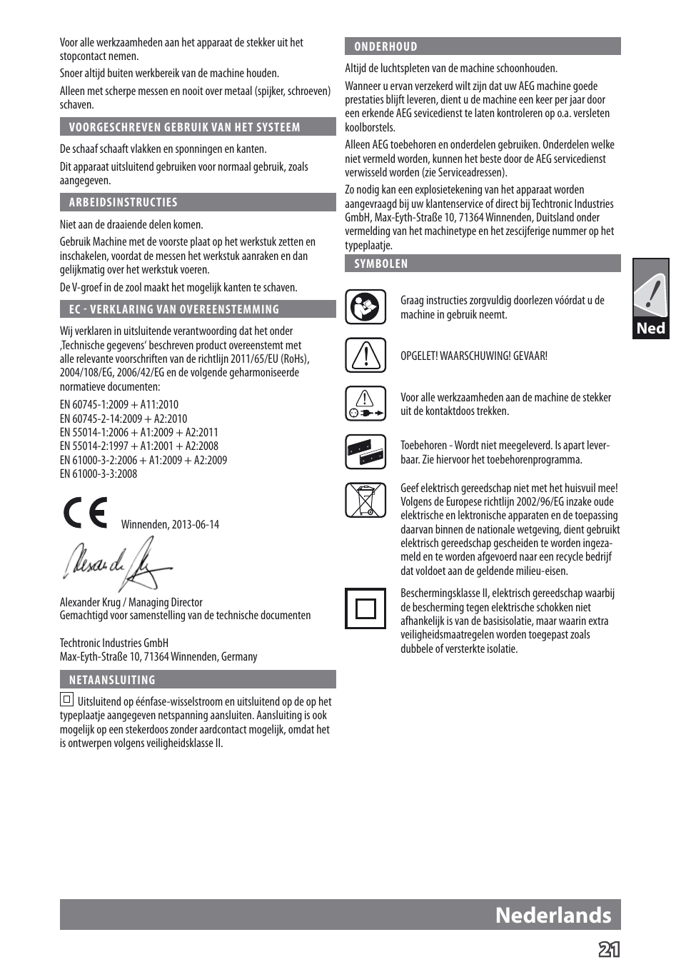 Nederlands | AEG PL 750 User Manual | Page 24 / 67