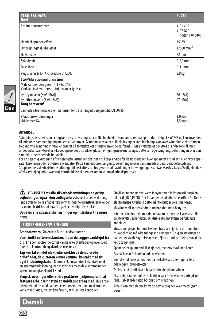 Dansk | AEG PL 750 User Manual | Page 25 / 67