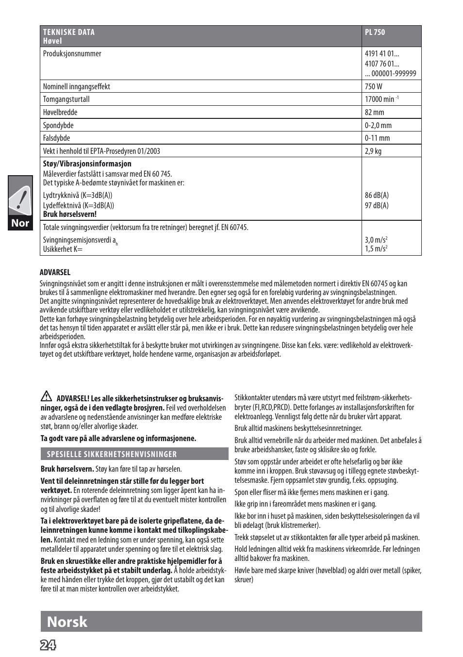 Norsk | AEG PL 750 User Manual | Page 27 / 67