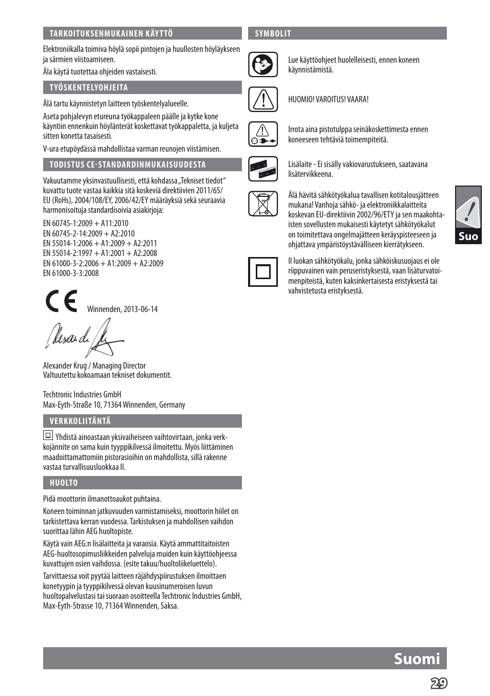 Suomi | AEG PL 750 User Manual | Page 32 / 67