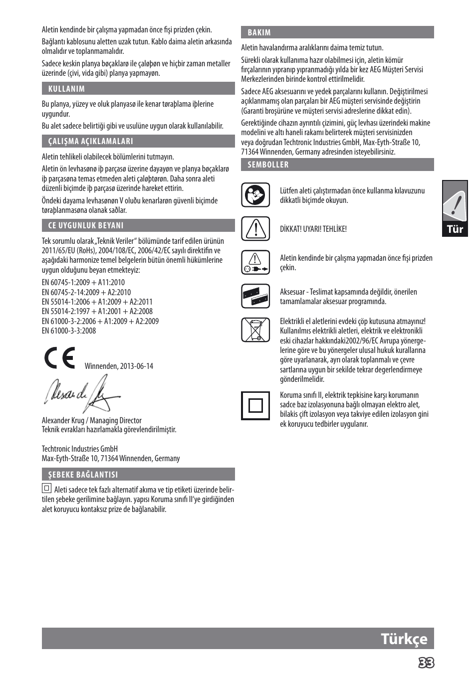 Türkçe | AEG PL 750 User Manual | Page 36 / 67