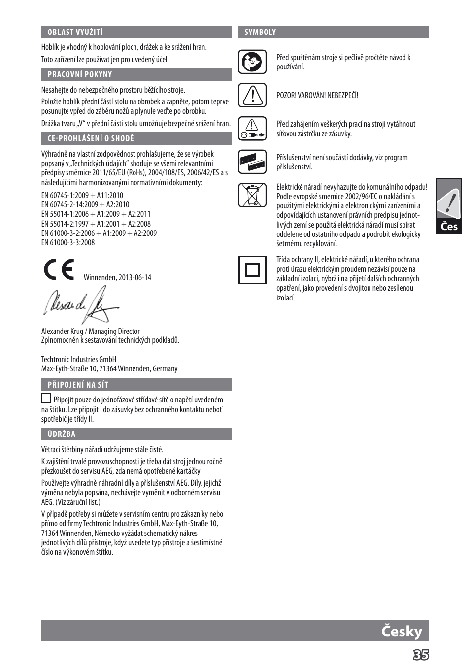 Česky | AEG PL 750 User Manual | Page 38 / 67