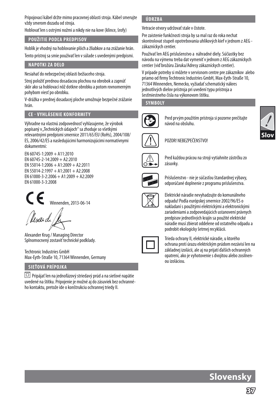 Slovensky, Slov | AEG PL 750 User Manual | Page 40 / 67