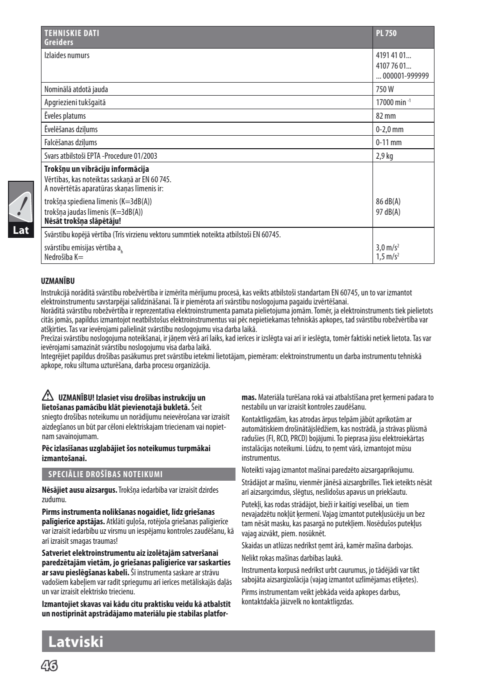 Latviski | AEG PL 750 User Manual | Page 49 / 67