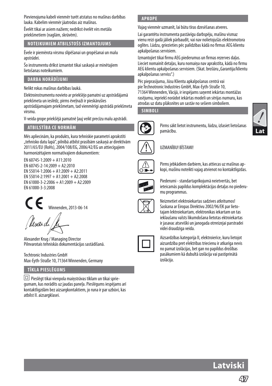 Latviski | AEG PL 750 User Manual | Page 50 / 67