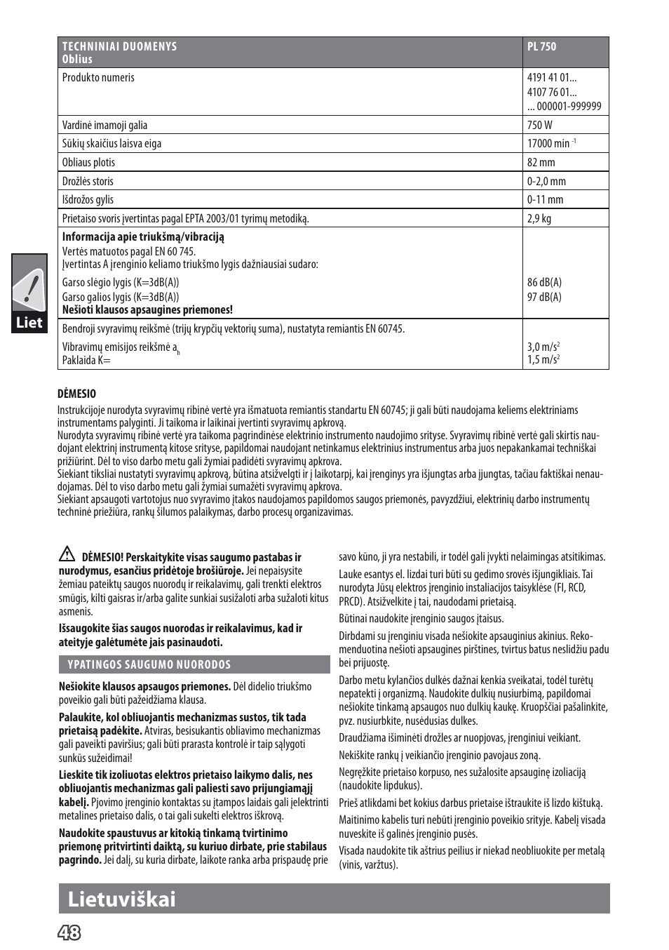 Lietuviškai, Liet | AEG PL 750 User Manual | Page 51 / 67