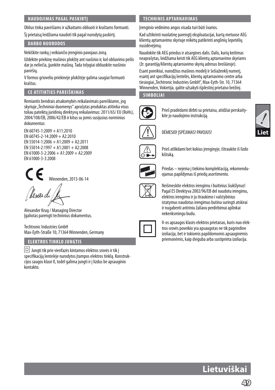 Lietuviškai, Liet | AEG PL 750 User Manual | Page 52 / 67