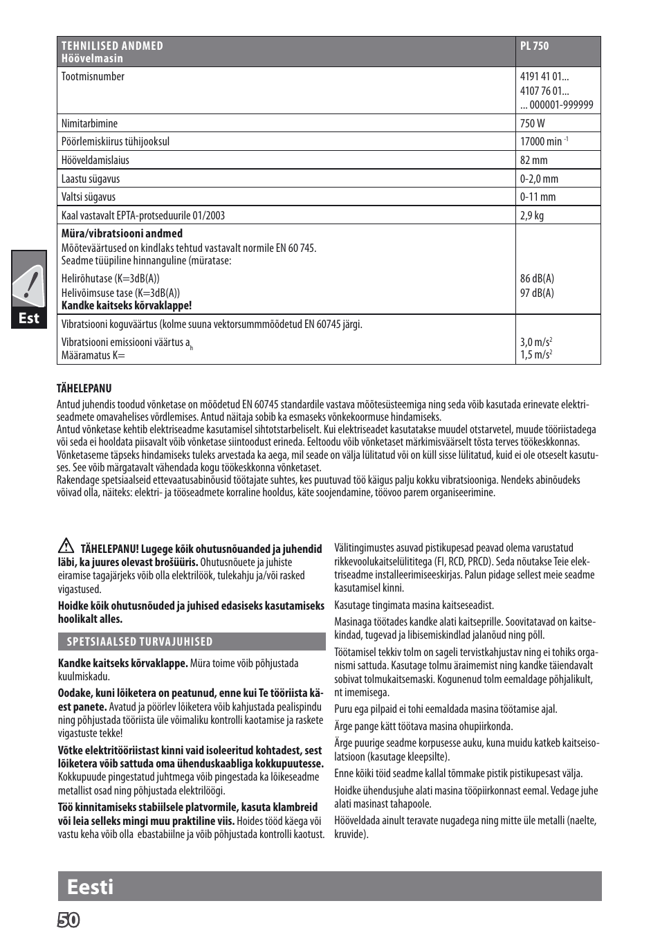 Eesti | AEG PL 750 User Manual | Page 53 / 67