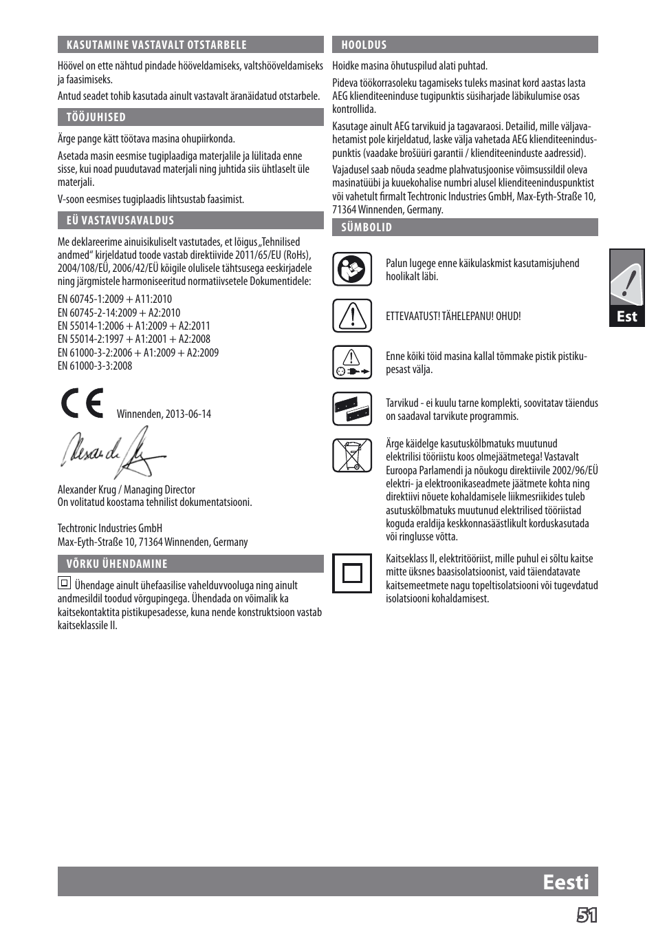 Eesti | AEG PL 750 User Manual | Page 54 / 67