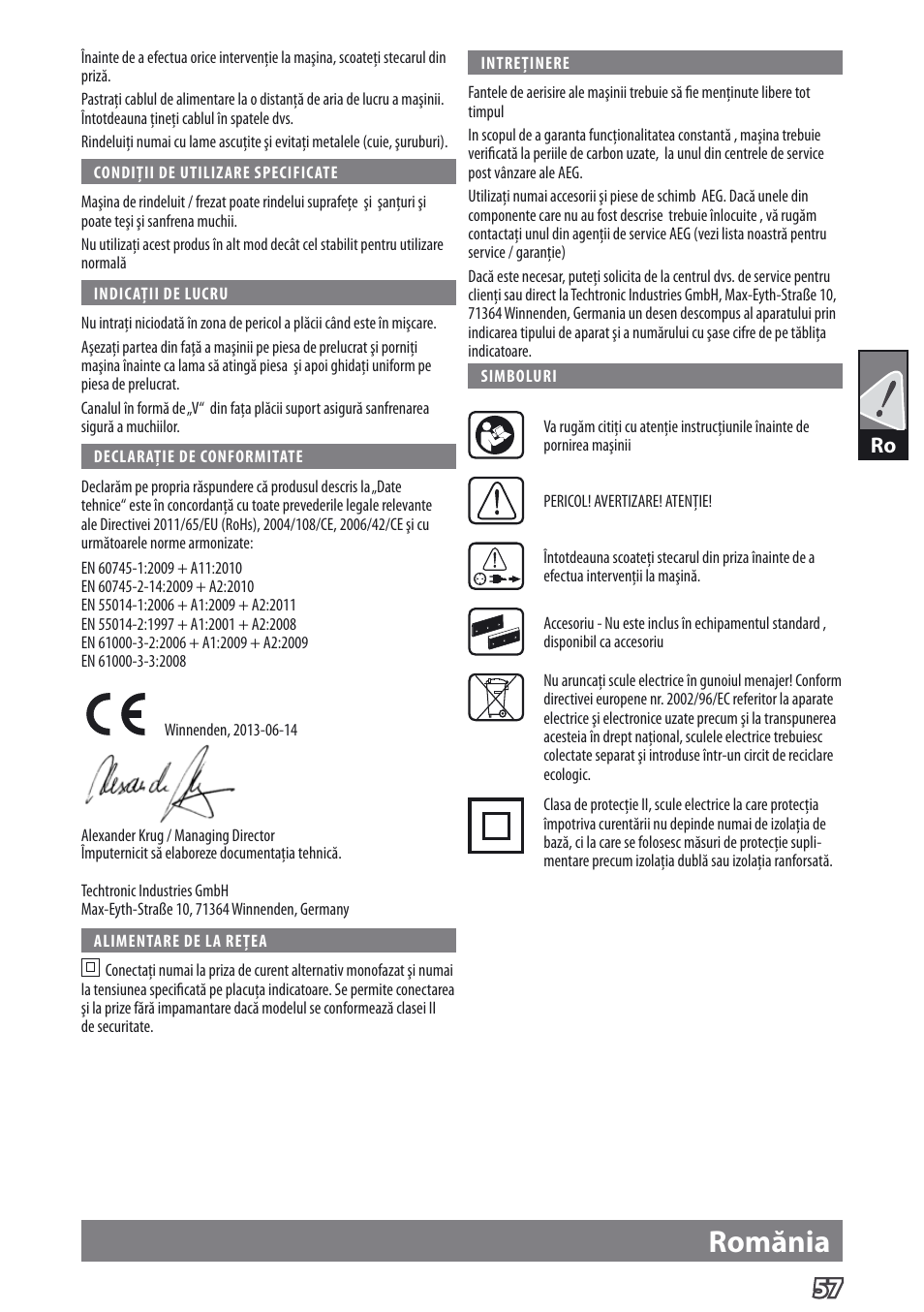 Romănia | AEG PL 750 User Manual | Page 60 / 67