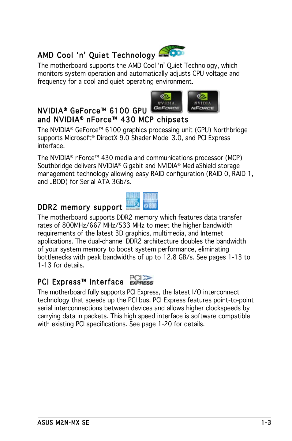 Nvidia, Geforce™ 6100 gpu and nvidia, Nforce™ 430 mcp chipsets | Pci express™ interface, Amd cool ‘n’ quiet technology | Asus M2N-MX SE User Manual | Page 13 / 88