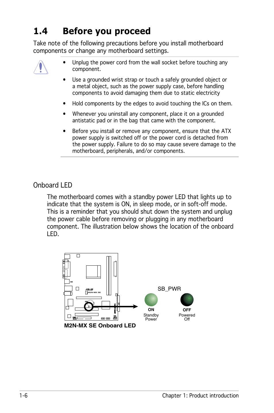 4 before you proceed, Onboard led | Asus M2N-MX SE User Manual | Page 16 / 88