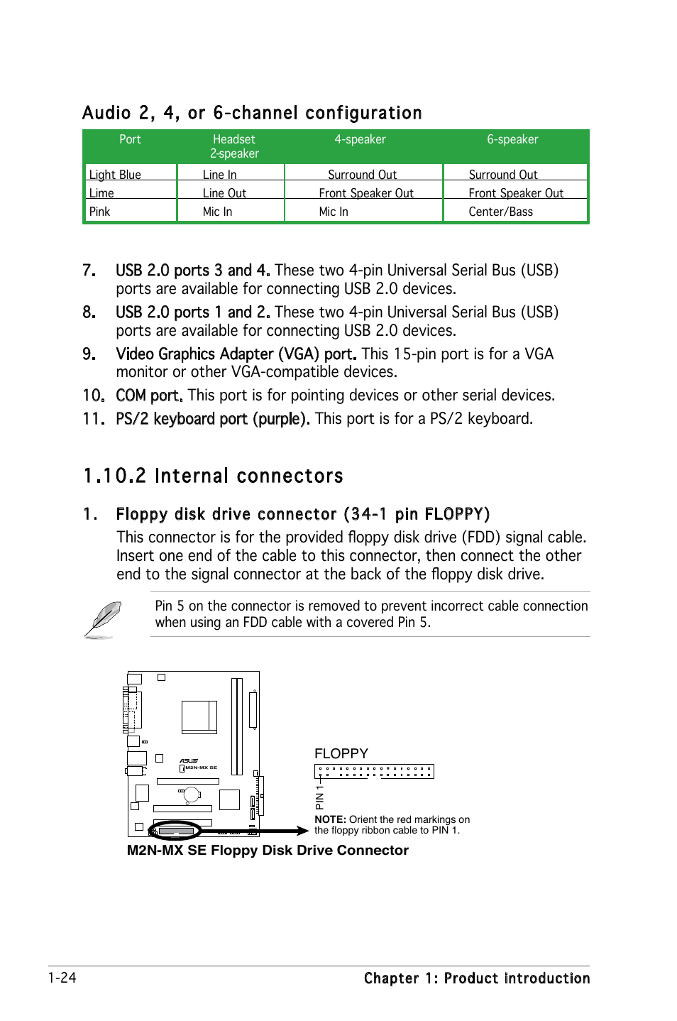 2 internal connectors, Audio 2, 4, or 6-channel configuration | Asus M2N-MX SE User Manual | Page 34 / 88