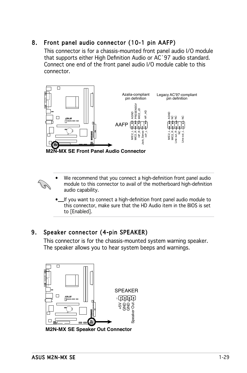 Asus m2n-mx se 1-29, M2n-mx se front panel audio connector, Aafp | M2n-mx se speaker out connector speaker | Asus M2N-MX SE User Manual | Page 39 / 88