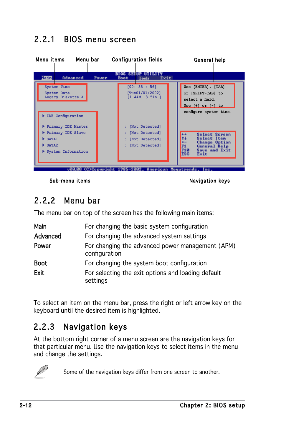 2 menu bar, 1 bios menu screen, 3 navigation keys | Asus M2N-MX SE User Manual | Page 54 / 88