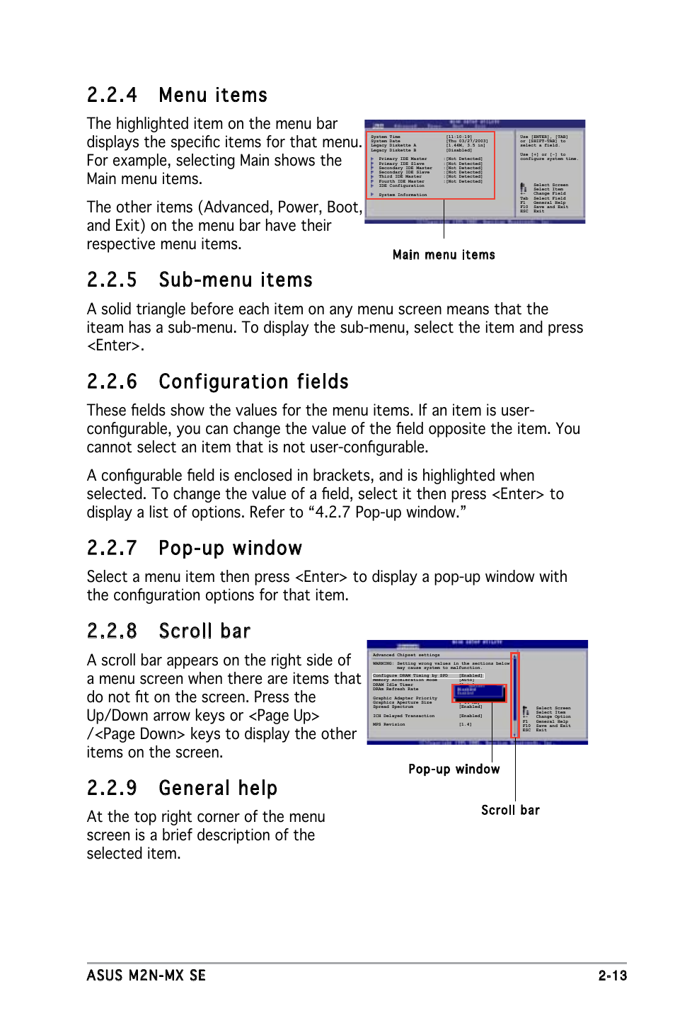 4 menu items, 5 sub-menu items, 6 configuration fields | 7 pop-up window, 8 scroll bar, 9 general help, Asus m2n-mx se 2-1 | Asus M2N-MX SE User Manual | Page 55 / 88