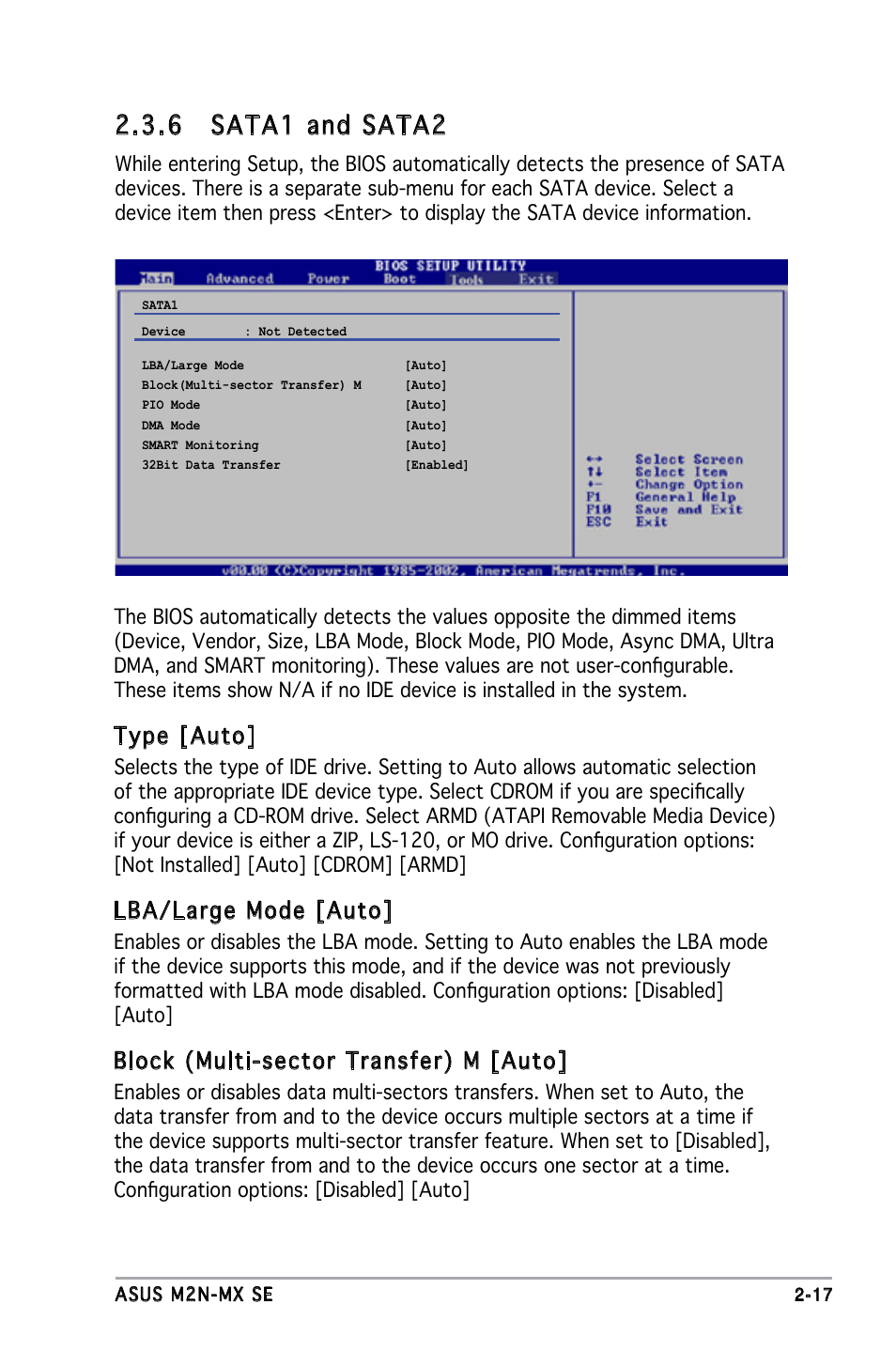 6 sata1 and sata2, Type [auto, Lba/large mode [auto | Block (multi-sector transfer) m [auto | Asus M2N-MX SE User Manual | Page 59 / 88