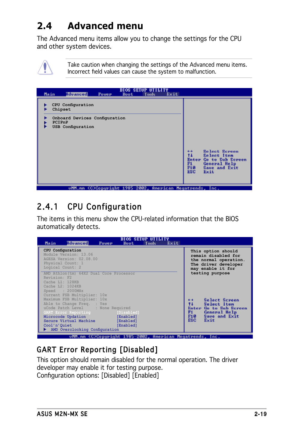 4 advanced menu, 1 cpu configuration, Gart error reporting [disabled | Asus M2N-MX SE User Manual | Page 61 / 88