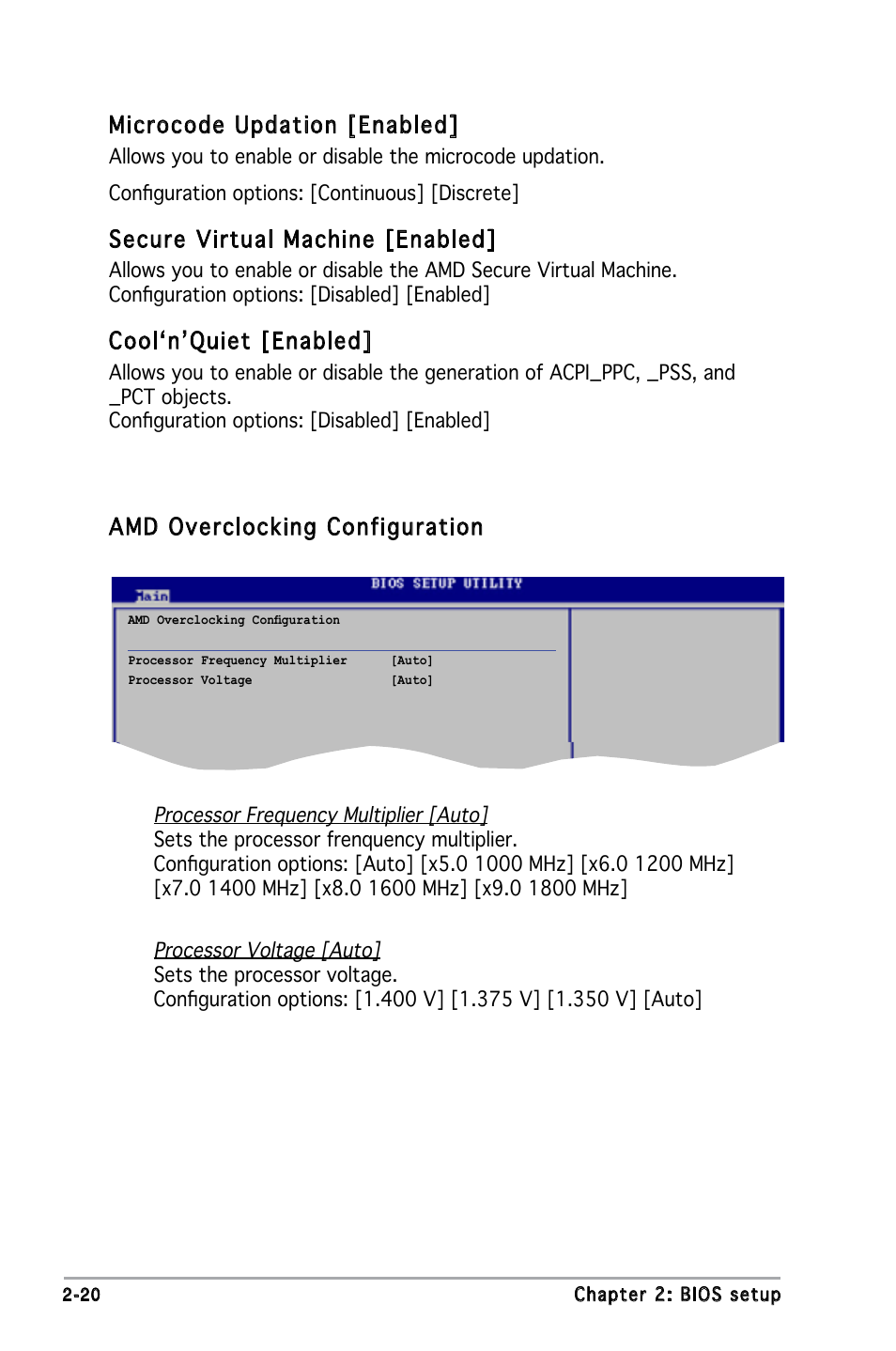 Microcode updation [enabled, Secure virtual machine [enabled, Cool‘n’quiet [enabled | Amd overclocking configuration | Asus M2N-MX SE User Manual | Page 62 / 88