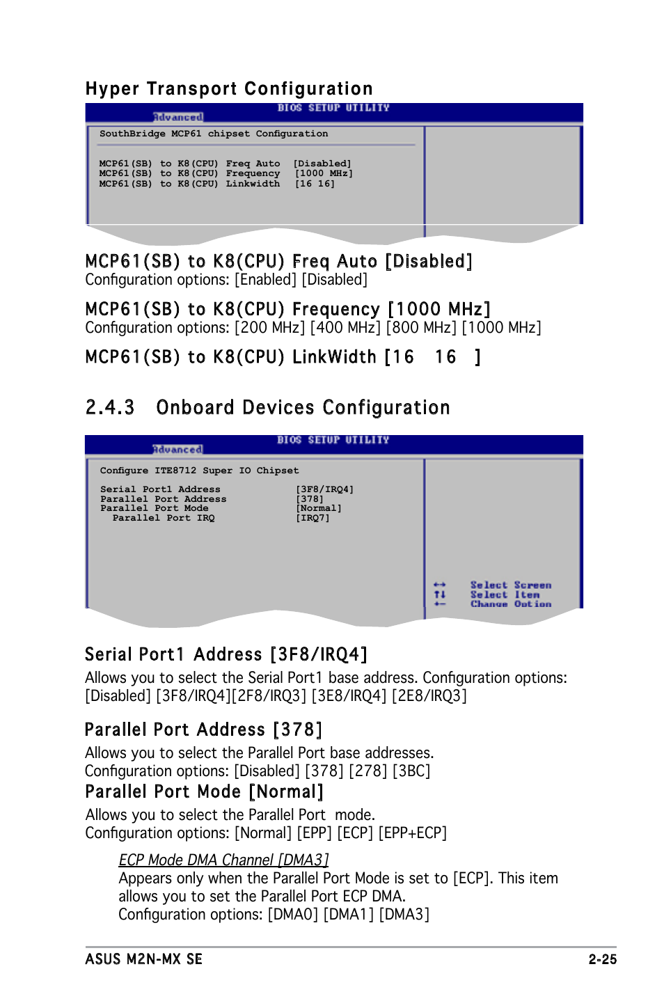 Serial port1 address [3f8/irq4, Parallel port address [378, Parallel port mode [normal | Mcp61(sb) to k8(cpu) freq auto [disabled | Asus M2N-MX SE User Manual | Page 67 / 88