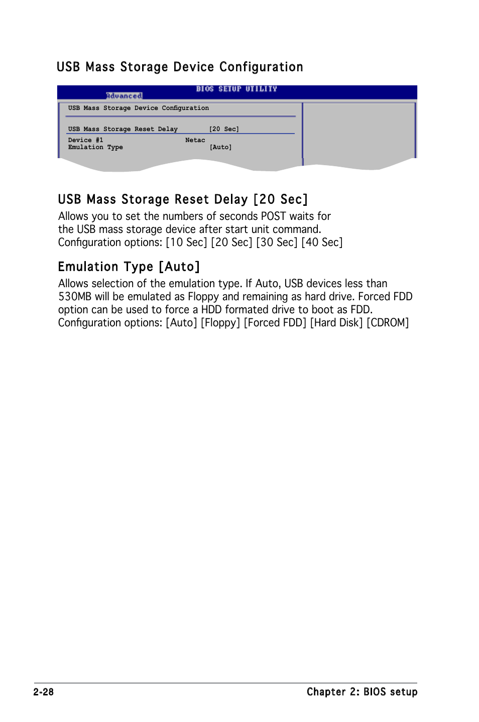 Usb mass storage device configuration, Usb mass storage reset delay [20 sec, Emulation type [auto | Asus M2N-MX SE User Manual | Page 70 / 88