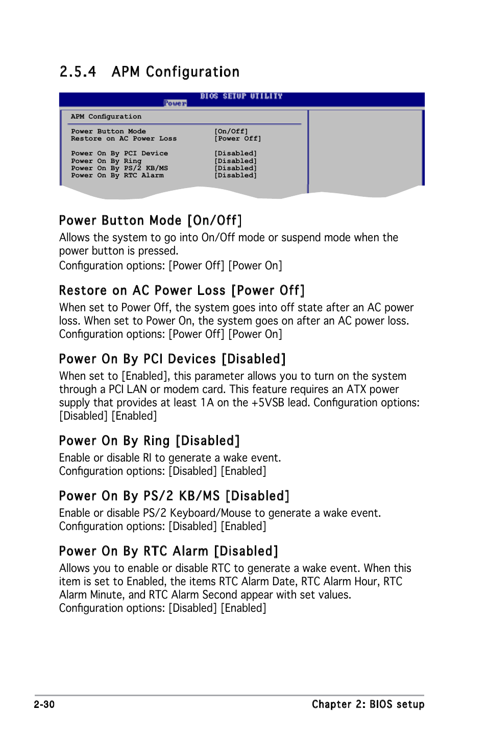 4 apm configuration, Power button mode [on/off, Restore on ac power loss [power off | Power on by pci devices [disabled, Power on by ring [disabled, Power on by ps/2 kb/ms [disabled, Power on by rtc alarm [disabled | Asus M2N-MX SE User Manual | Page 72 / 88